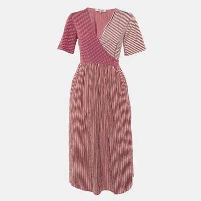 Pre-owned Diane Von Furstenberg Tricolor Striped Poplin Wrap Dress S In Burgundy