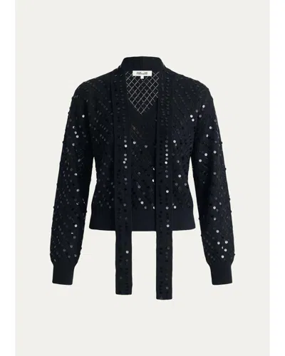 Diane Von Furstenberg Tristan Sequin Pointelle Knit Sweater In Black