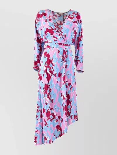Diane Von Furstenberg V-neckline Long Sleeves Belted Waist Asymmetric Hem Floral Pattern In Multicolor