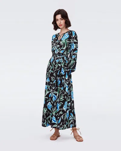 Diane Von Furstenberg Blaine Floral-print Cotton-blend Poplin Midi Shirt Dress In Blue