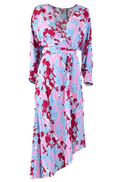 Diane Von Furstenberg V-neckline Long Sleeves Belted Waist Asymmetric Hem Floral Pattern In Multicolor