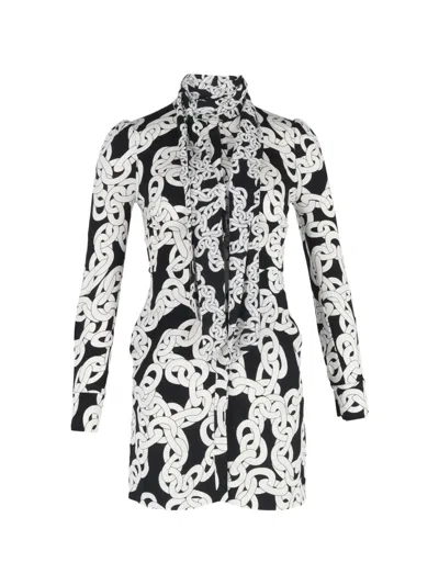Pre-owned Diane Von Furstenberg Vintage 2022 Chain-print Tie Dress In Black