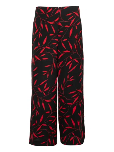 Pre-owned Diane Von Furstenberg Vintage 2024 Leaf-print Wide-leg Trousers In Black