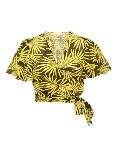 Pre-owned Diane Von Furstenberg Vintage 2024 Palm-print Wrap Top In Black