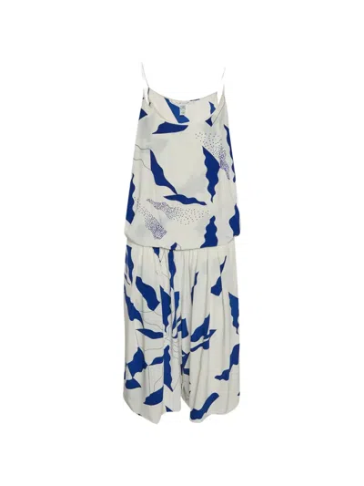 Pre-owned Diane Von Furstenberg Vintage Abstract-print Silk Jumpsuit In White