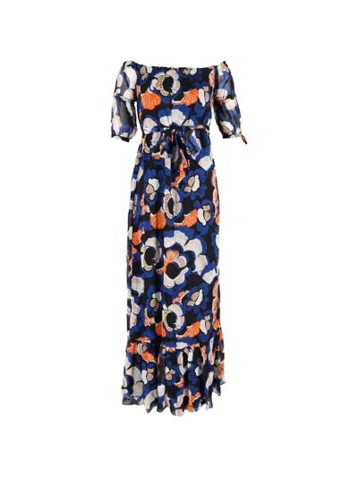 Pre-owned Diane Von Furstenberg Vintage Ashley Off-shoulder Belted Dress In Blue