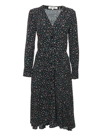 Pre-owned Diane Von Furstenberg Vintage Buttoned-front Scattered-dots Dress In Black
