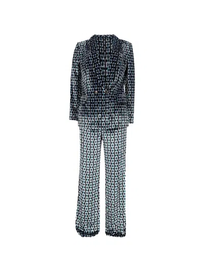 Pre-owned Diane Von Furstenberg Vintage Chiana Double-breasted Printed Blazer And Pants Set In Black