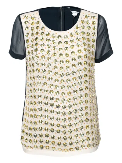 Pre-owned Diane Von Furstenberg Vintage Crystal-embellished Silk Top In Neutral