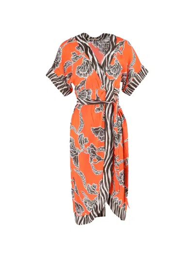 Pre-owned Diane Von Furstenberg Vintage Echo Floral Wrap Midi Dress In Orange