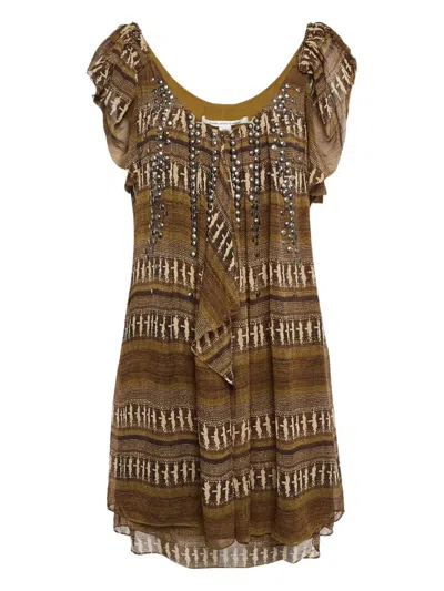 Pre-owned Diane Von Furstenberg Vintage Embellished Patterned Mini Dress In Brown