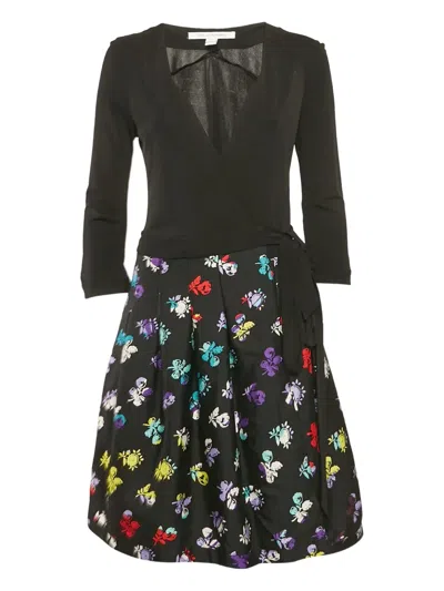 Pre-owned Diane Von Furstenberg Vintage Floral-print Long-sleeved Dress In Black