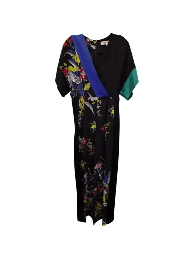 Pre-owned Diane Von Furstenberg Vintage Floral-print Short-sleeve Jumpsuit In Black