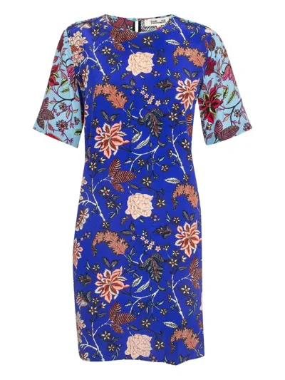 Pre-owned Diane Von Furstenberg Vintage Floral-print Silk Mini Dress In Blue