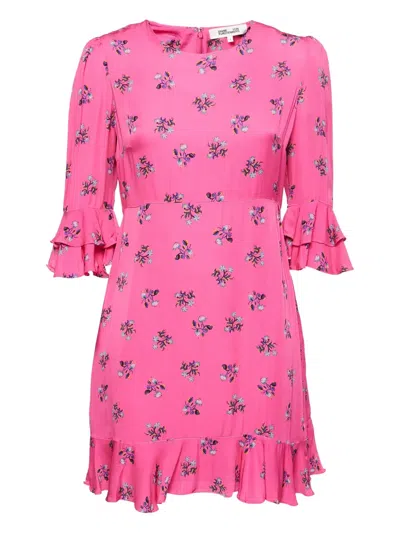 Pre-owned Diane Von Furstenberg Vintage Floral Ruffle Mini Dress In Pink