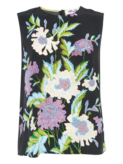 Pre-owned Diane Von Furstenberg Vintage Floral Silk Top In Black