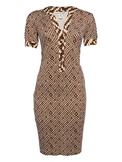 Pre-owned Diane Von Furstenberg Vintage Geometric-print Silk Mini Dress In Brown