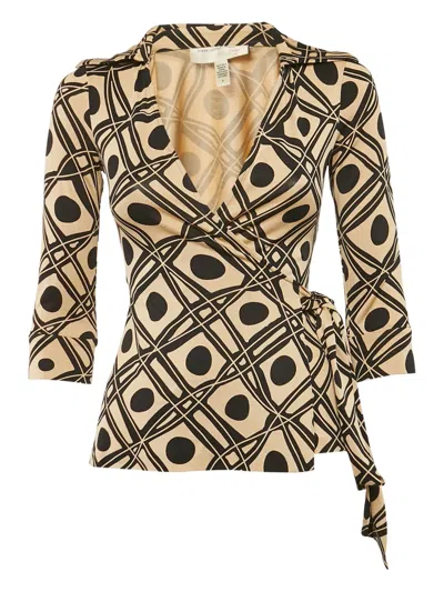 Pre-owned Diane Von Furstenberg Vintage Geometric-print Wrap Blouse In Neutral