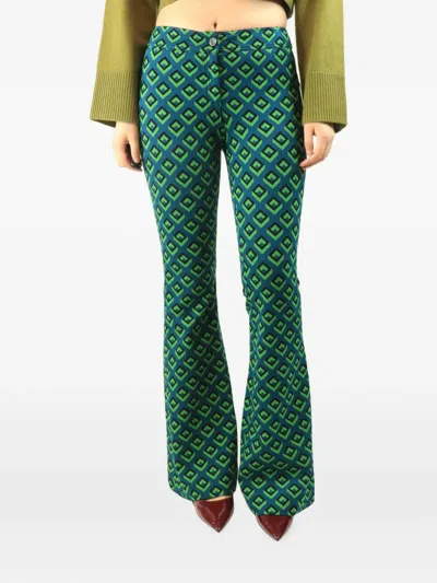 Pre-owned Diane Von Furstenberg Vintage Geometric-pattern Flared Trousers In Blue