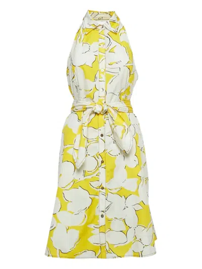 Pre-owned Diane Von Furstenberg Vintage Halterneck Floral-print Mini Dress In Yellow