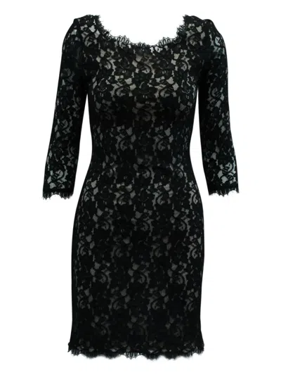 Pre-owned Diane Von Furstenberg Vintage Lace Mini Dress In Black