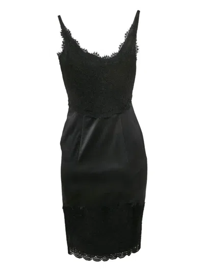 Pre-owned Diane Von Furstenberg Vintage Lace-trim Cotton-blend Midi Dress In Black