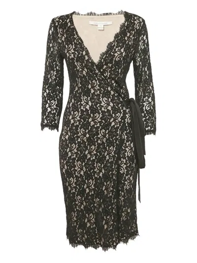 Pre-owned Diane Von Furstenberg Vintage Lace Wrap-front Midi Dress In Black