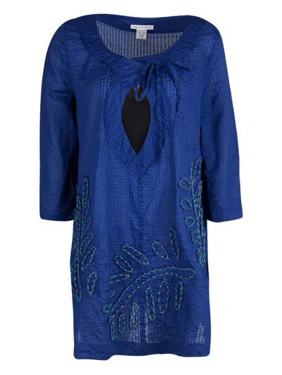 Pre-owned Diane Von Furstenberg Vintage Leaf-embroidery Drawstring Top In Blue