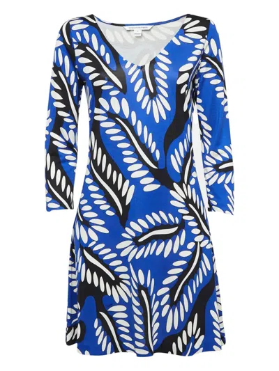 Pre-owned Diane Von Furstenberg Vintage Leaf-print Jersey Dress In Blue