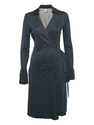Pre-owned Diane Von Furstenberg Vintage Leopard-print Midi Dress In Blue