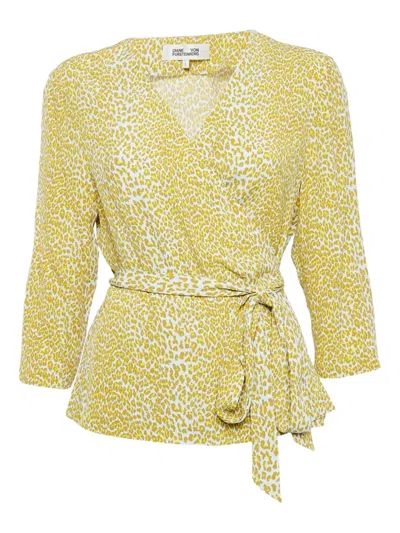 Pre-owned Diane Von Furstenberg Vintage Leopard-print Wrap Blouse In Yellow