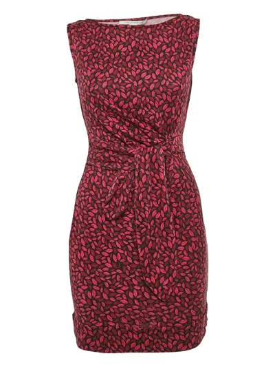 Pre-owned Diane Von Furstenberg Vintage Lips-print Ruched Mini Dress In Red