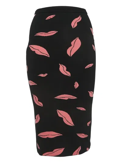 Pre-owned Diane Von Furstenberg Vintage Lips-print Straight Skirt In Black