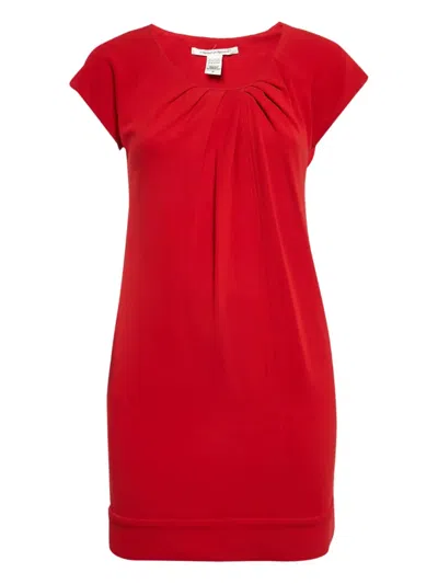 Pre-owned Diane Von Furstenberg Vintage Pleated-neckline Mini Dress In Red