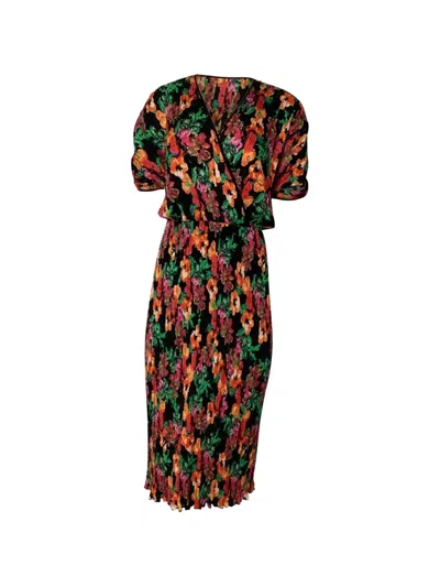 Pre-owned Diane Von Furstenberg Vintage Plissé Floral-print Midi Dress In Black