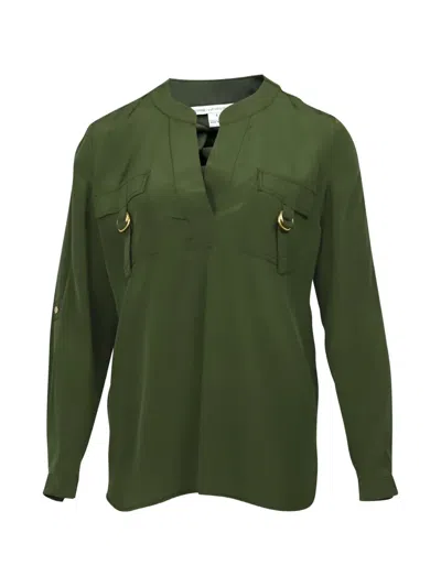 Pre-owned Diane Von Furstenberg Vintage Pocket-detail V-neck Blouse In Green