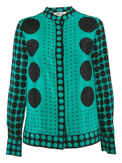 Pre-owned Diane Von Furstenberg Vintage Polka Dot Silk Shirt In Green