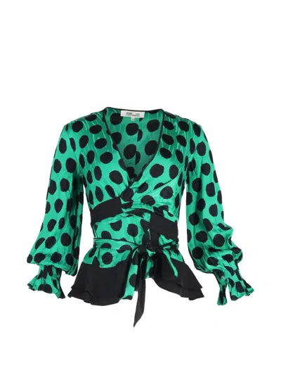 Pre-owned Diane Von Furstenberg Vintage Polka Dot Wrap Blouse In Green