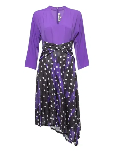 Pre-owned Diane Von Furstenberg Vintage Polkadot-print Asymmetrical Dress In Purple
