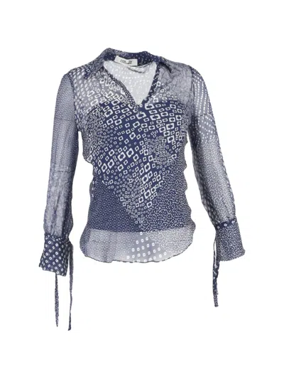 Pre-owned Diane Von Furstenberg Vintage Print V-neck Blouse In Blue