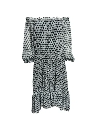 Pre-owned Diane Von Furstenberg Vintage Printed Off-shoulder Dress In Black