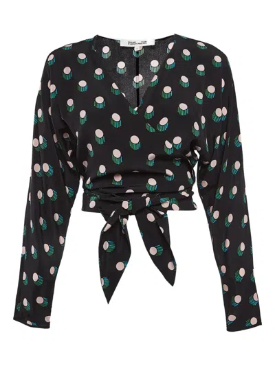 Pre-owned Diane Von Furstenberg Vintage Printed Silk Wrap Top In Black