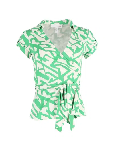 Pre-owned Diane Von Furstenberg Vintage Printed Wrap Blouse In Green