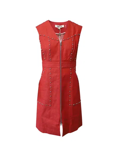 Pre-owned Diane Von Furstenberg Vintage Sheath Studded Zip-front Mini Dress In Red