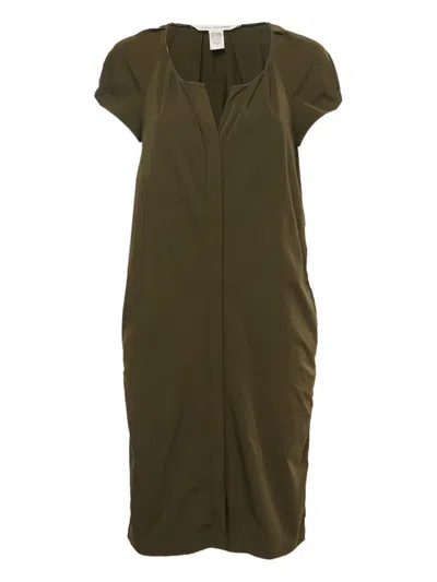 Pre-owned Diane Von Furstenberg Vintage Short-sleeves Pleated-detailing Dress In Green