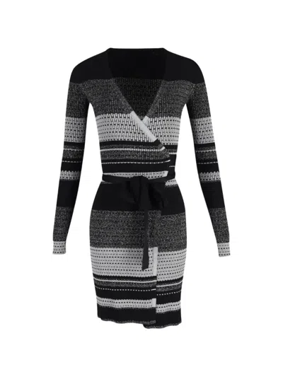 Pre-owned Diane Von Furstenberg Vintage Striped Wrap Dress In Black