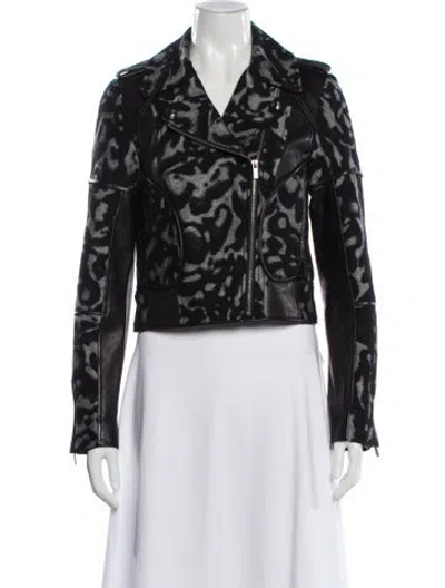 Pre-owned Diane Von Furstenberg Virgin Wool Animal Print Biker Jacket In Black