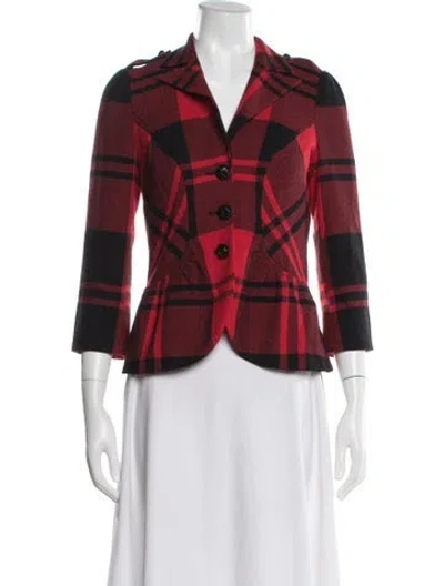 Pre-owned Diane Von Furstenberg Virgin Wool Plaid Print Blazer In Red