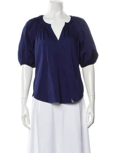Pre-owned Diane Von Furstenberg V-neck Short Sleeve Blouse In Blue