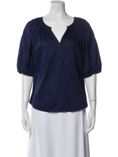 Pre-owned Diane Von Furstenberg V-neck Short Sleeve Blouse In Blue